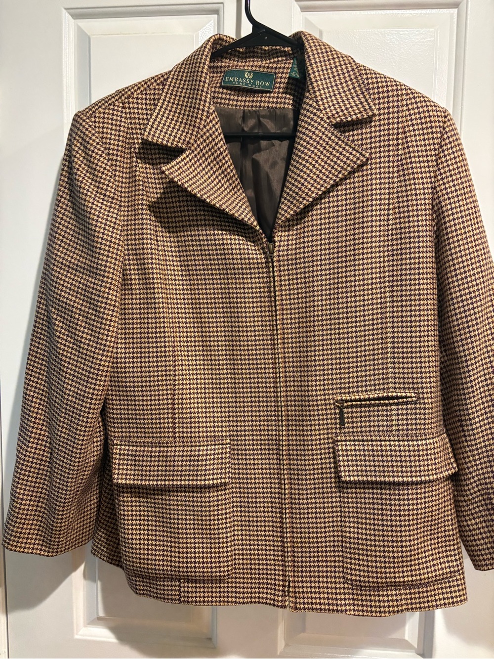 Embassy Row brown tan houndstooth wool zip-up blazer jacket  sz 12  vintage